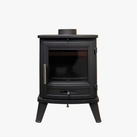 Hydrofire Aurum cast iron wood stove front view with large glass door