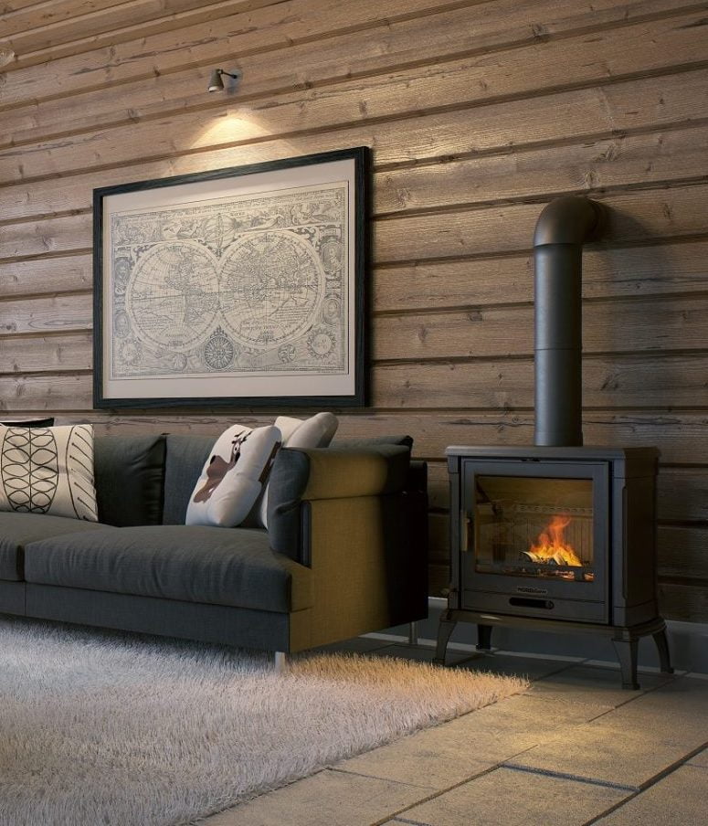 cast iron stove with bright wood flame